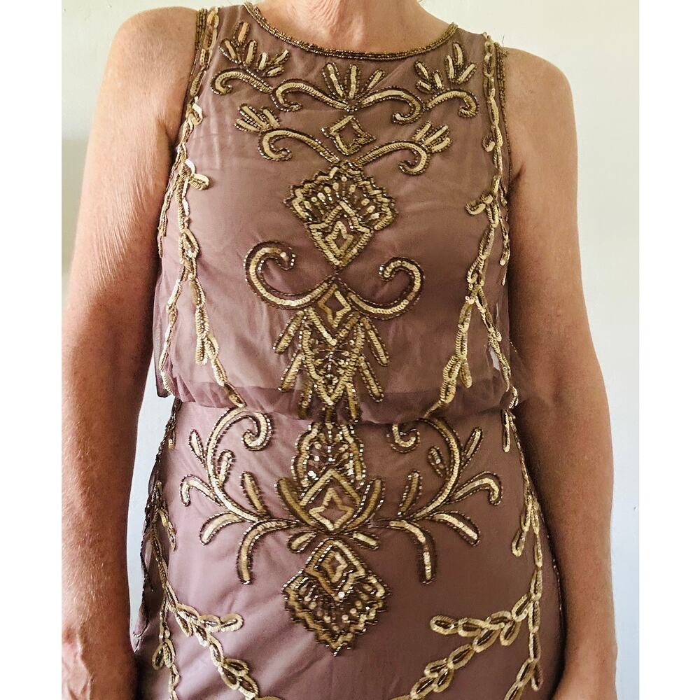 Papell Studio Beaded Gown Special Occasion Dress Size 10 Long Taupe Gold